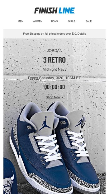 midnight navy jordan 3 finish line