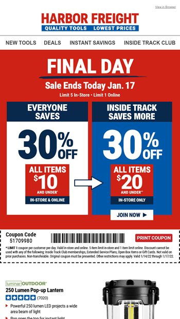 FINAL DAY. Last Chance to use Your 30% off Coupon - Harbor Freight ...