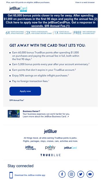 Limited-Time Offer: Earn 60,000 Bonus Points. - JetBlue Airways Email ...