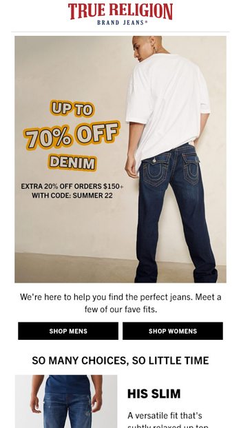 OMG Up To 70% Off Denim + Extra 20% Off W/ Code! - True Religion Email ...