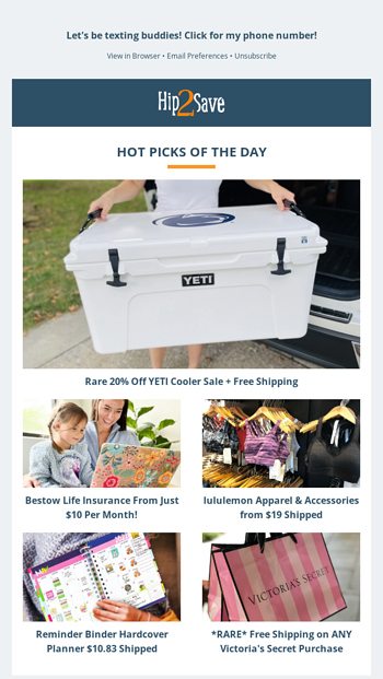 20 Off YETI Coolers  10 Life Insurance  11 Planner  19 lululemon Apparel  Victorias Secret 