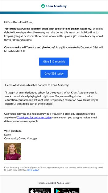 Did you miss Giving Tuesday? - Lizzie from Khan Academy Email Archive