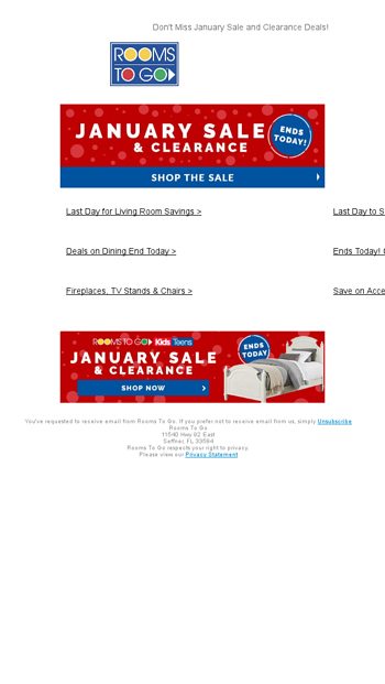 Ends Today January Sale And Clearance Rooms To Go Email
