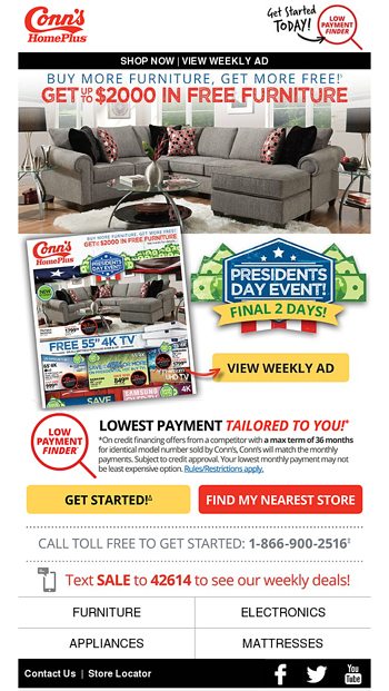 Shop clearance on bedroom  Financing @ Conn's HomePlus