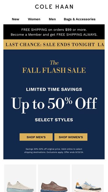 Ends tonight Only hours left to shop The Fall Flash Sale COLE HAAN Outlet Email Archive