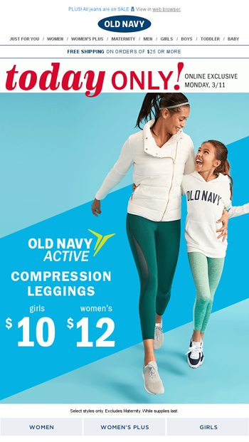 Break a sweat in $12 compression leggings & activewear pants (today, only!)  - Old Navy Email Archive